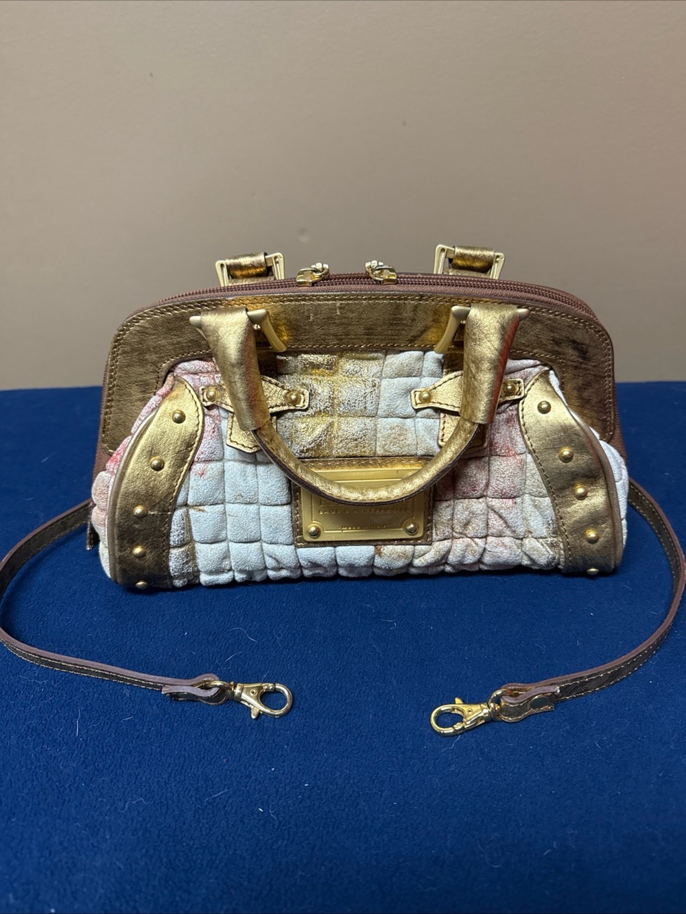 Ripani Italy Gold Metallic Quilted Suede Leather Combo Handbag W/Strap 12" x 6"